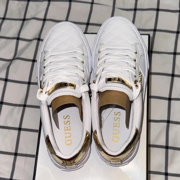Guess Women's White and Gold Quilted Sneakers - Picture 4 of 9